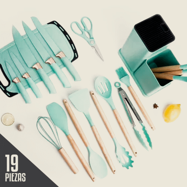 Set de Utensilios de Cocina - 19 Piezas de Silicona y Madera