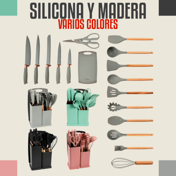 Set de Utensilios de Cocina - 19 Piezas de Silicona y Madera
