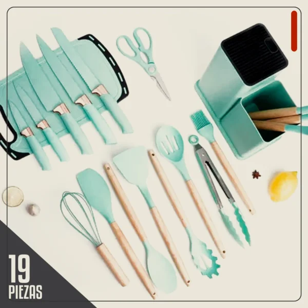Set de Utensilios de Cocina de Silicona con Cuchillos y Soporte – 19 Piezas