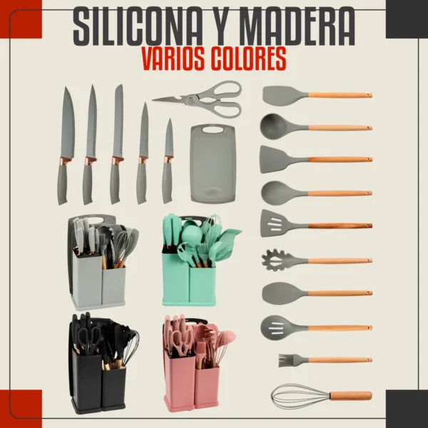 Set de Utensilios de Cocina de Silicona con Cuchillos y Soporte – 19 Piezas