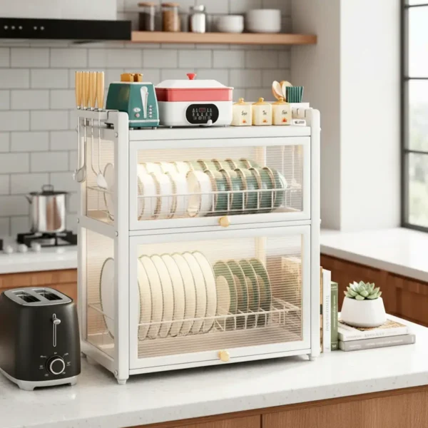 Estante Escurridor Alacena de Cocina con Puertas Transparentes – 2 Niveles