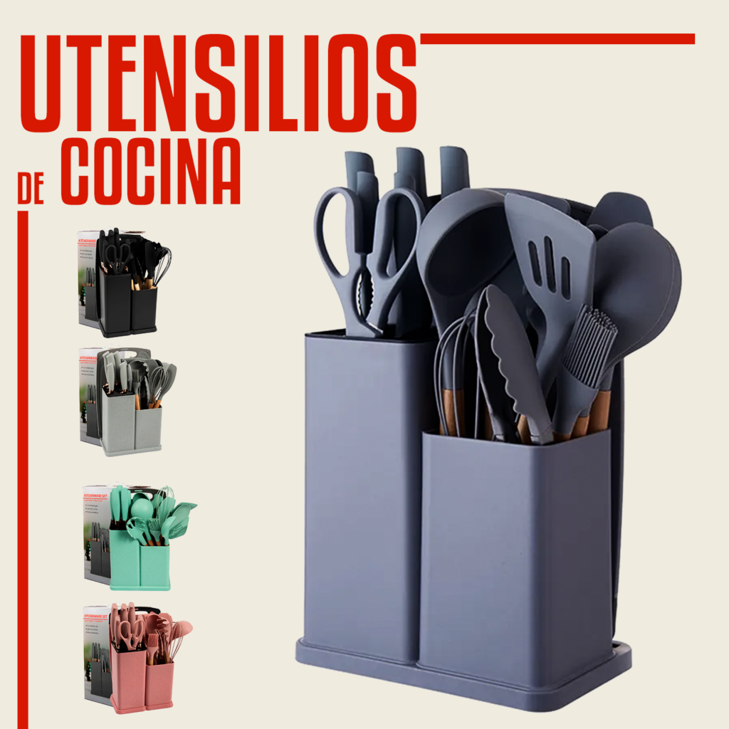 Set de Utensilios de Cocina de Silicona con Cuchillos y Soporte – 19 Piezas